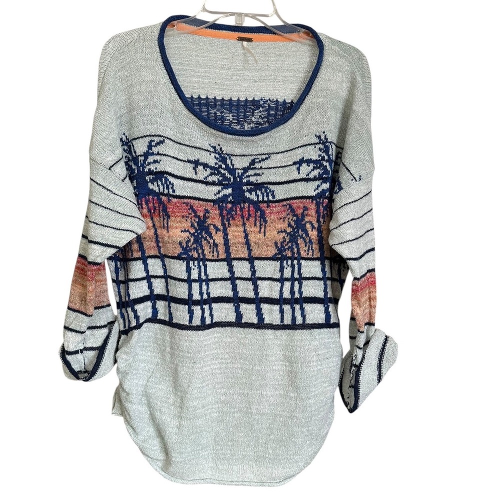 Free‎ People Palm Breeze 3/4 Sleeve Pullover Knit Sweater Sky Multi S Oversized